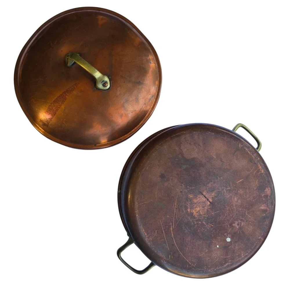 Henry Roessle & Son NY Antique Copper Casserole Pan Tin Lined Brass Handles Lid